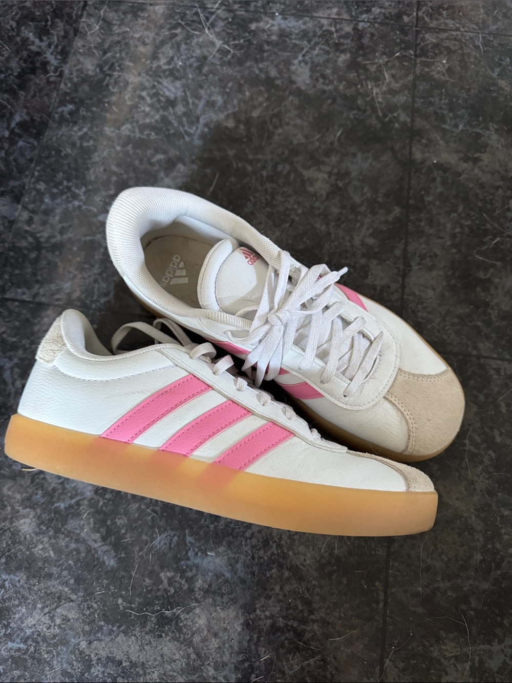 adidas White Sneakers with Pink Stripes and Gum Sole